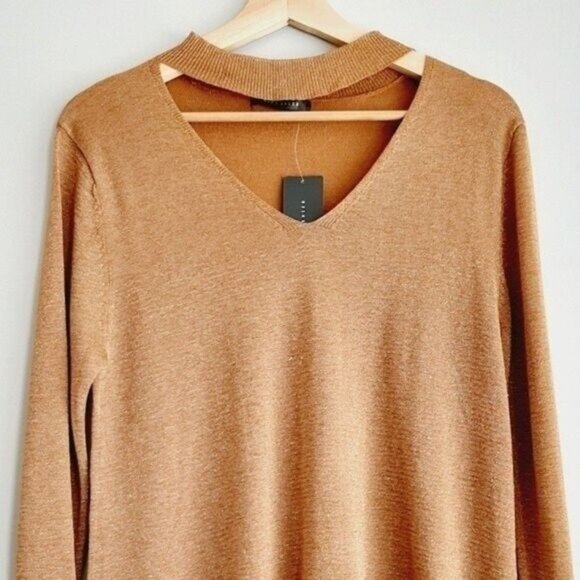 SUZY SHIER / NEW Sparkly Lurex V-neck Fine Knit Sweater Golden Warm Tan Sz L - Picture 3 of 7